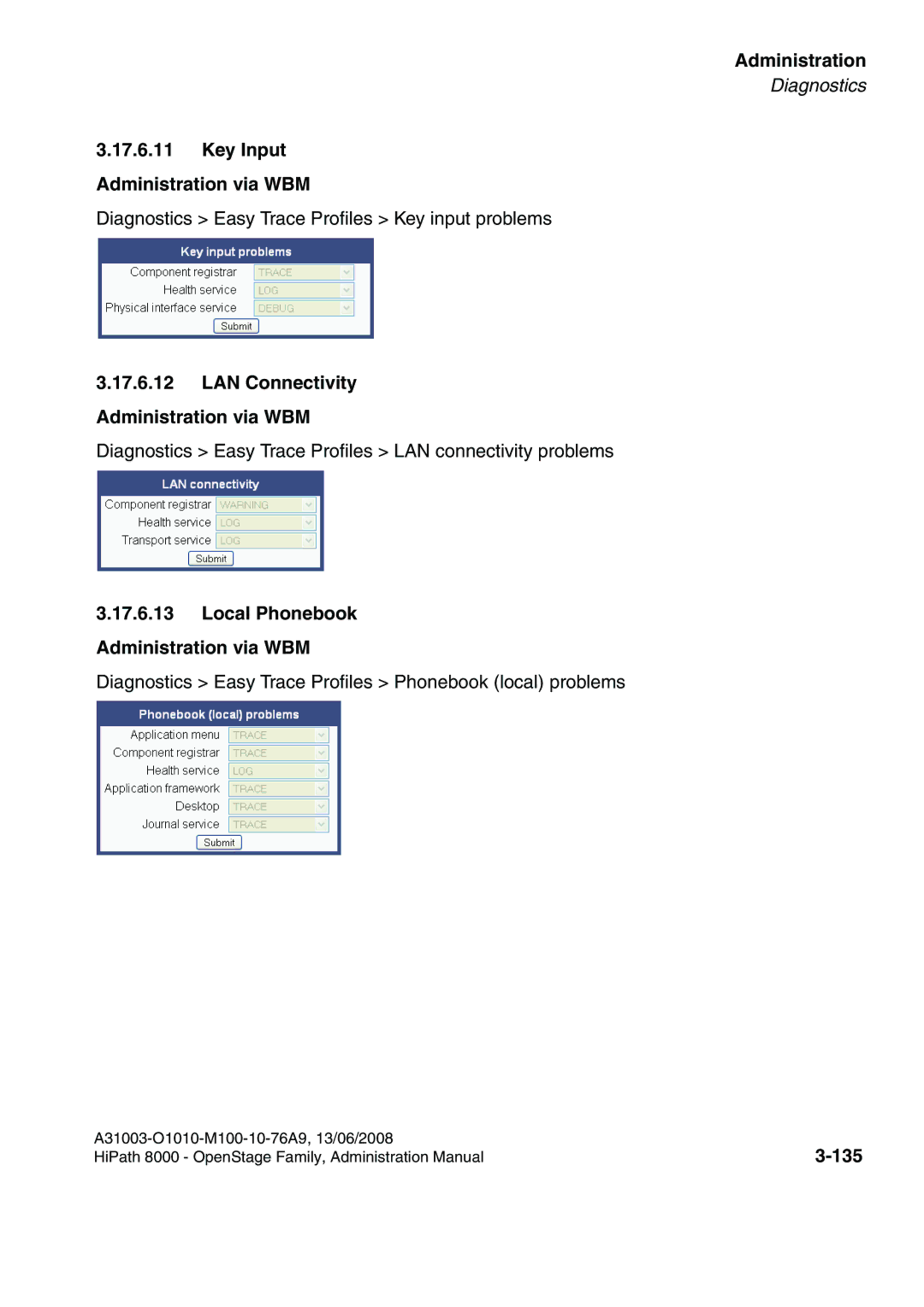 Siemens 8000 manual Key Input Administration via WBM, LAN Connectivity Administration via WBM, 135 