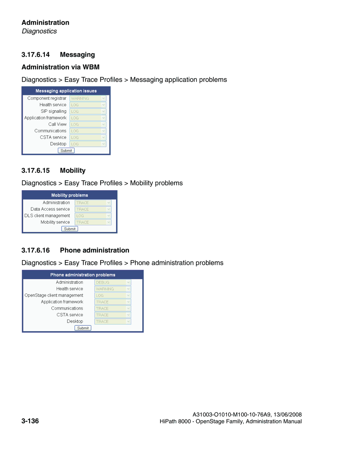 Siemens 8000 manual Messaging Administration via WBM, Mobility, Phone administration, 136 