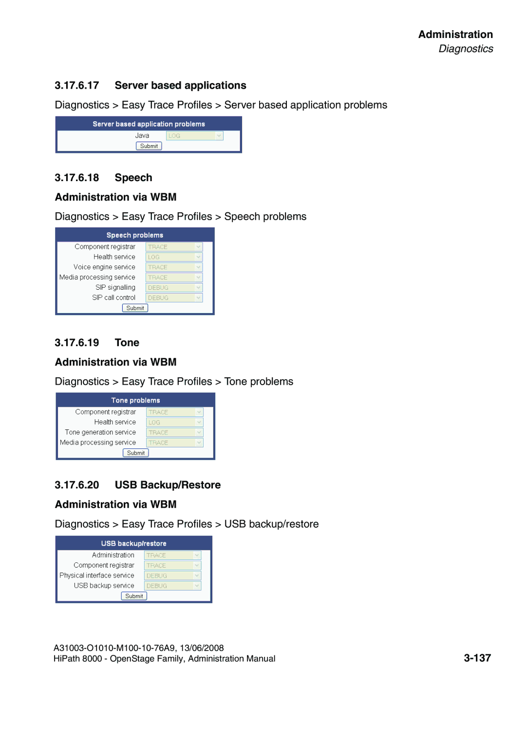 Siemens 8000 manual Server based applications, Speech Administration via WBM, Tone Administration via WBM, 137 