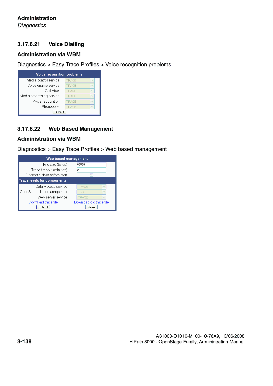 Siemens 8000 manual Voice Dialling Administration via WBM, Web Based Management Administration via WBM, 138 