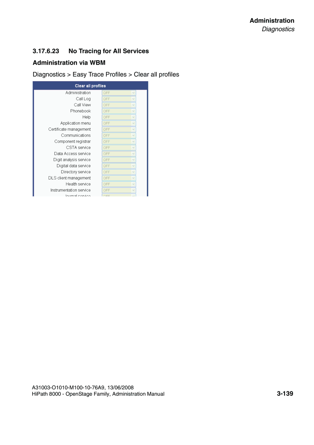 Siemens 8000 manual No Tracing for All Services Administration via WBM, 139 