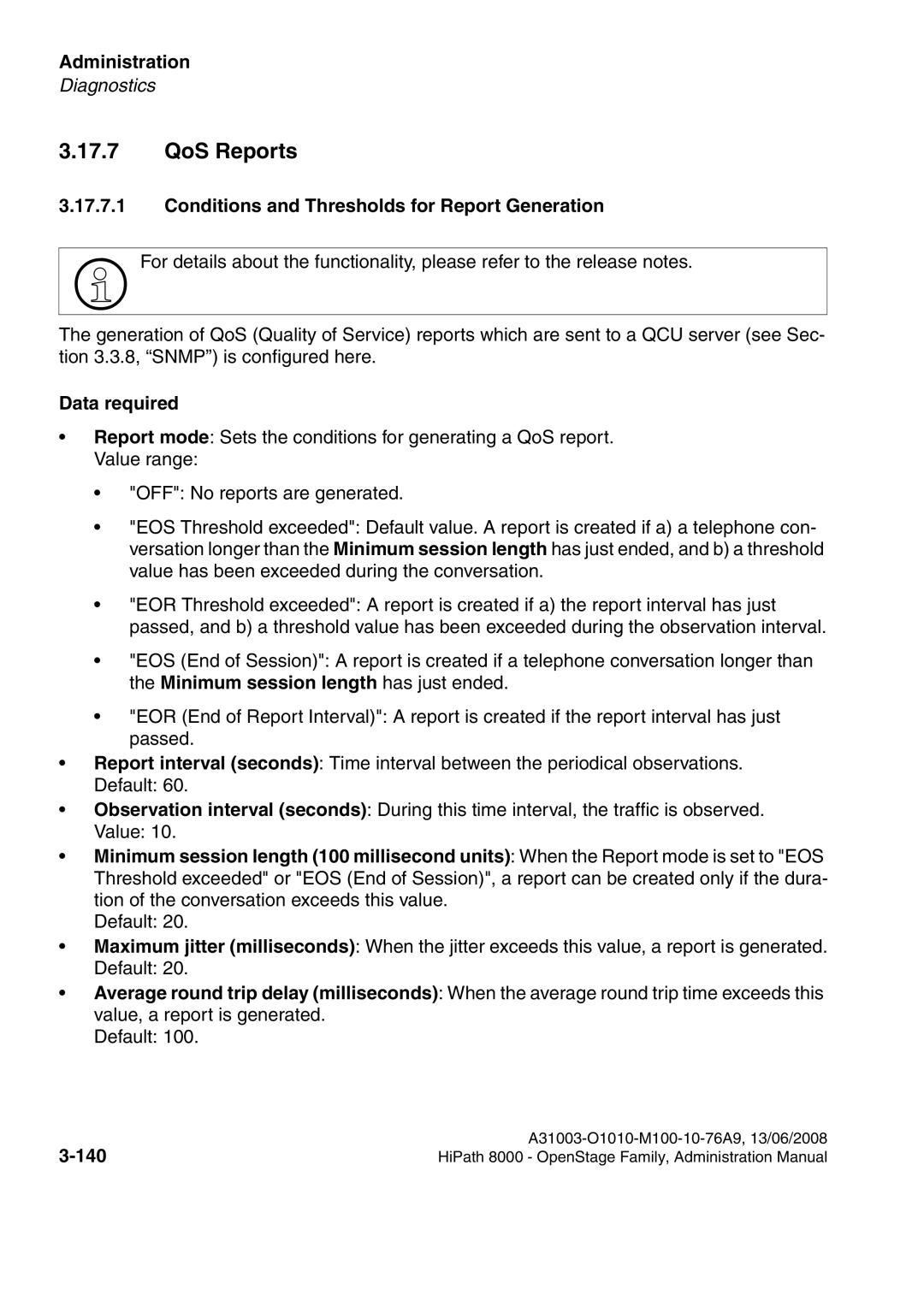 Siemens 8000 manual QoS Reports, Conditions and Thresholds for Report Generation, 140 