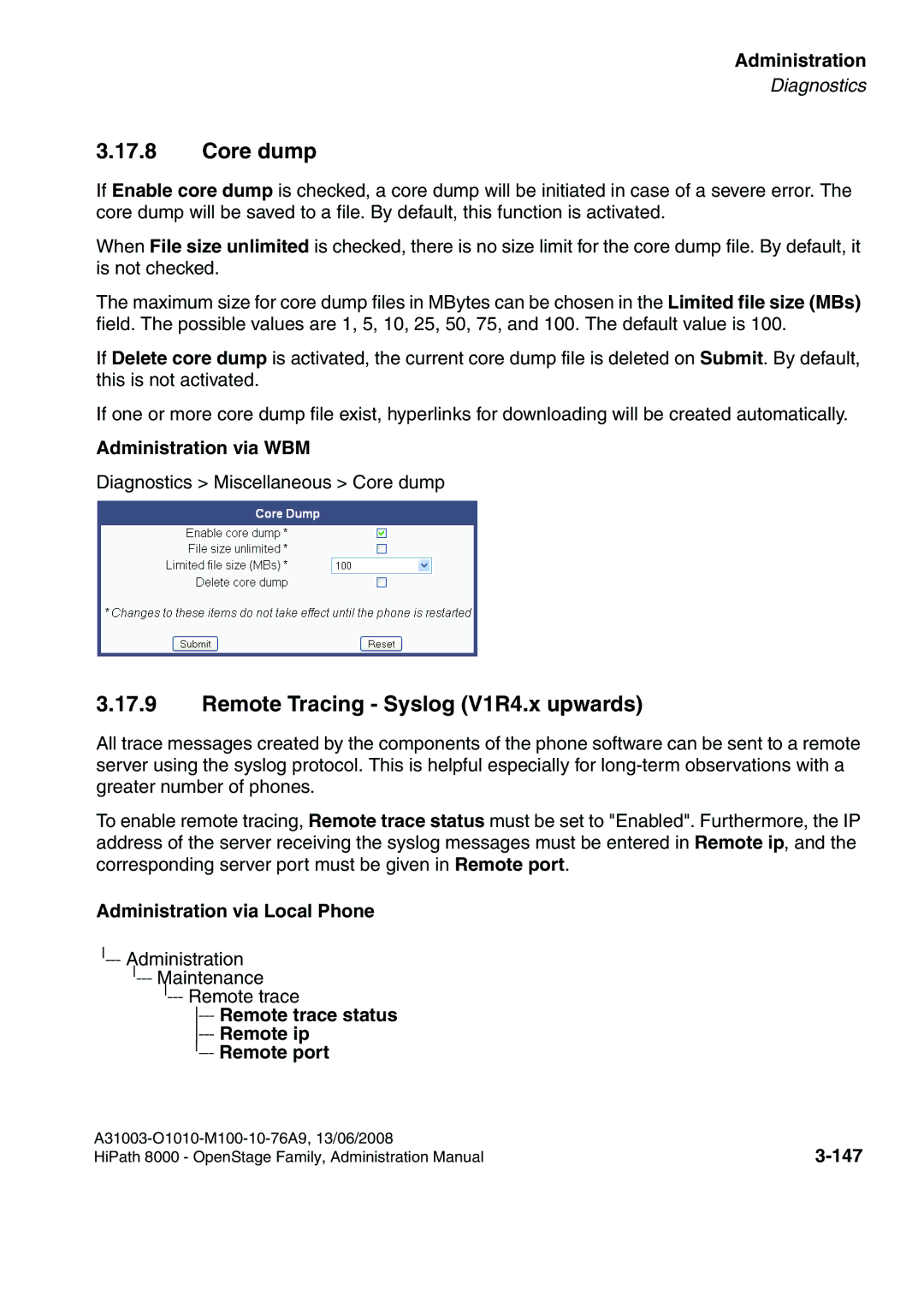 Siemens 8000 manual Core dump, Remote Tracing Syslog V1R4.x upwards, Remote trace status ---Remote ip Remote port, 147 