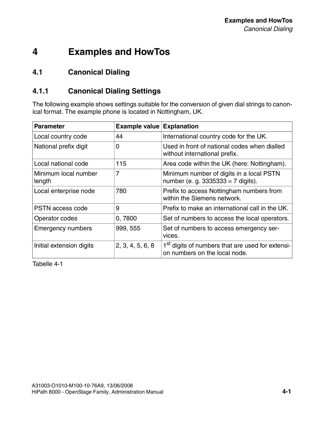 Siemens 8000 manual Canonical Dialing Canonical Dialing Settings, Parameter Example value Explanation 