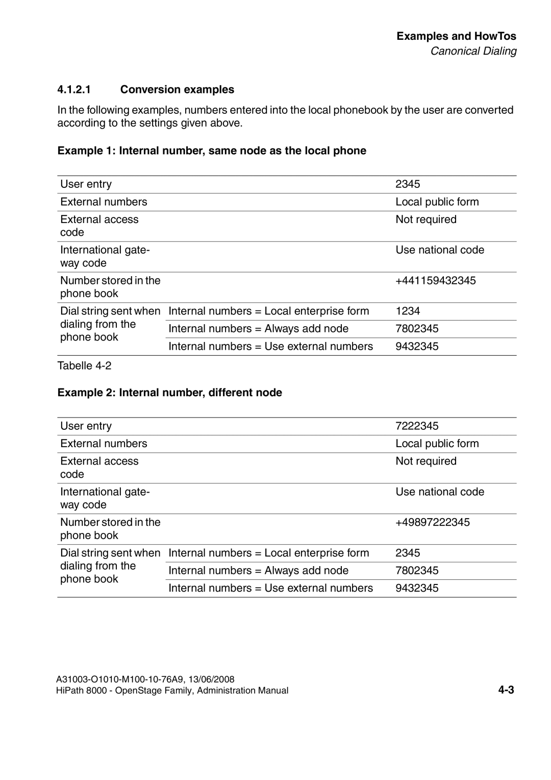 Siemens 8000 manual Conversion examples, Example 1 Internal number, same node as the local phone 