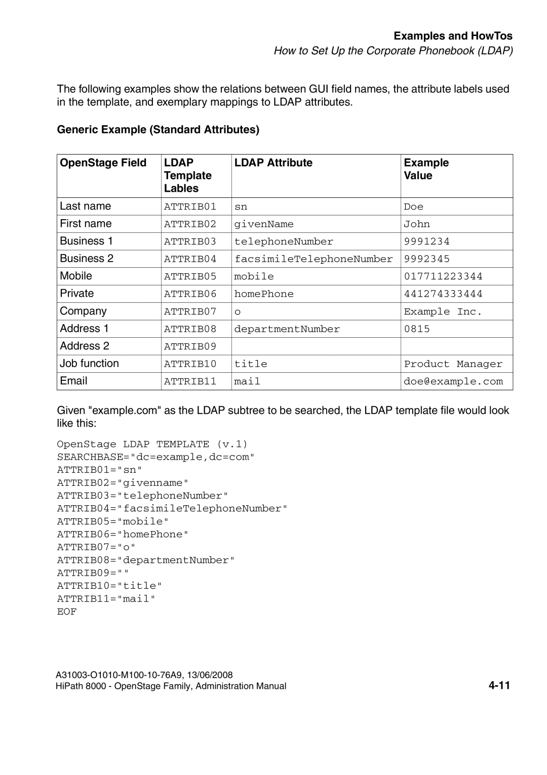 Siemens 8000 manual Generic Example Standard Attributes OpenStage Field, Ldap Attribute Example Template Value Lables 