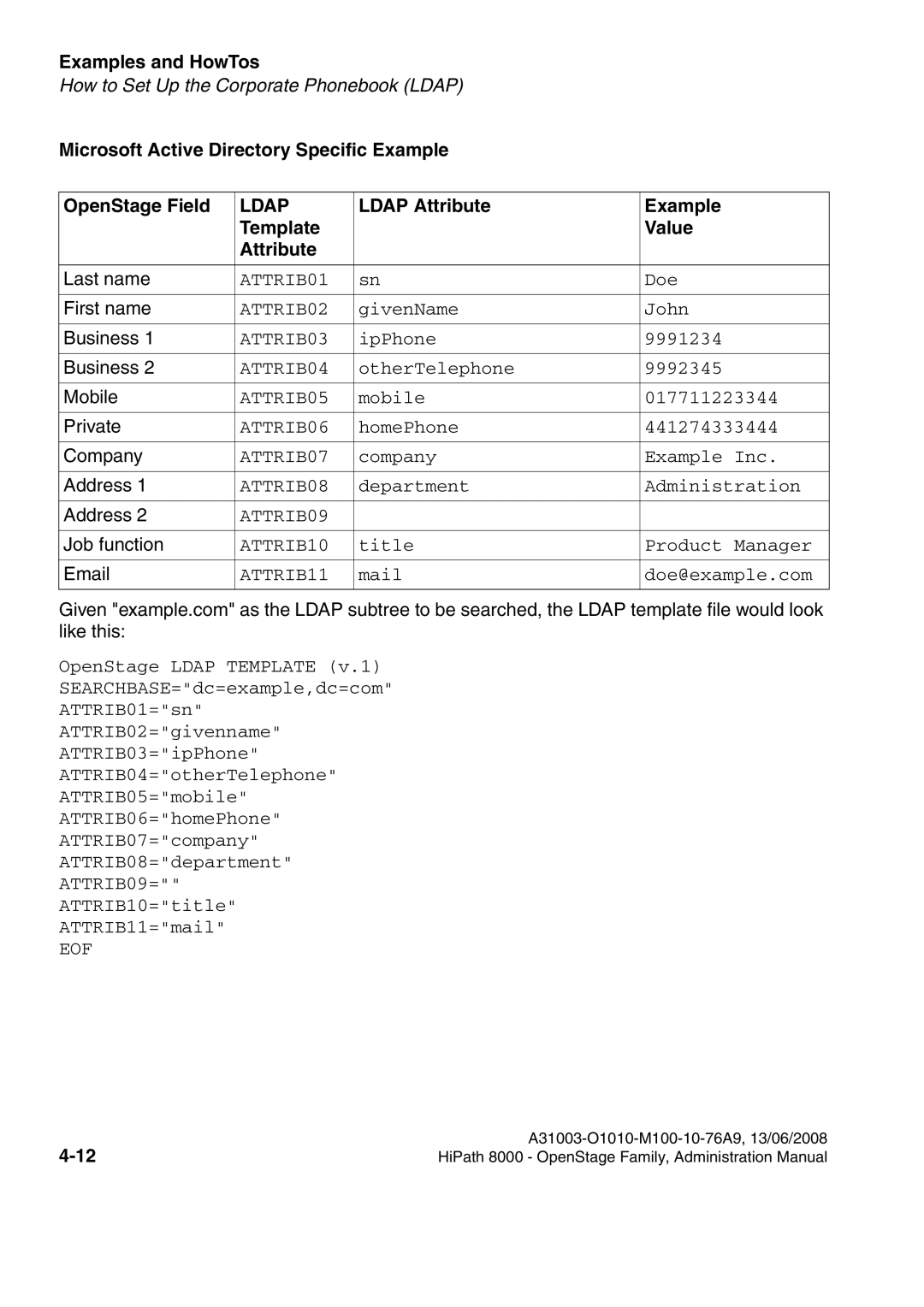 Siemens 8000 manual Microsoft Active Directory Specific Example OpenStage Field, Ldap Attribute Example Template Value 