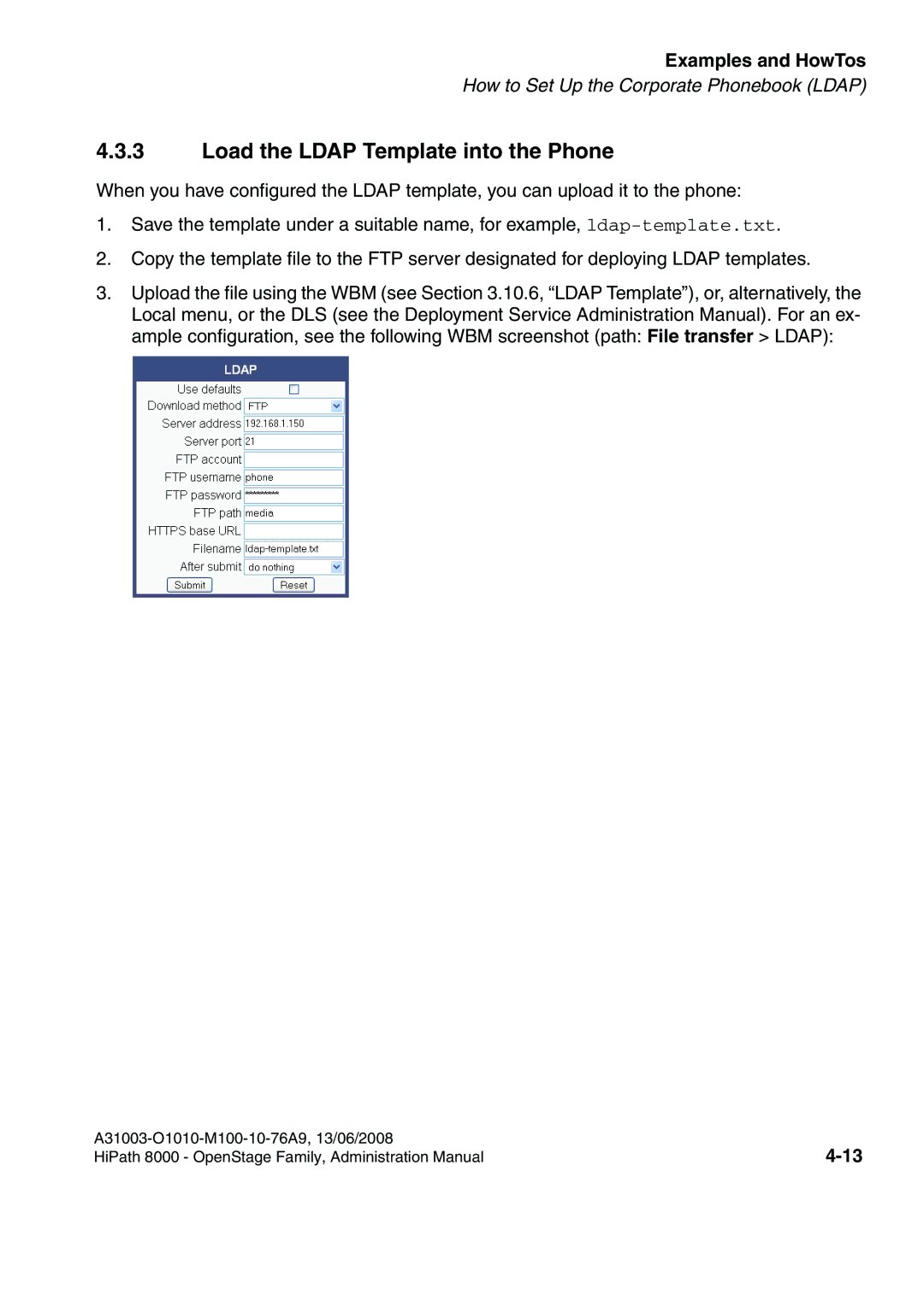 Siemens 8000 manual Load the Ldap Template into the Phone 