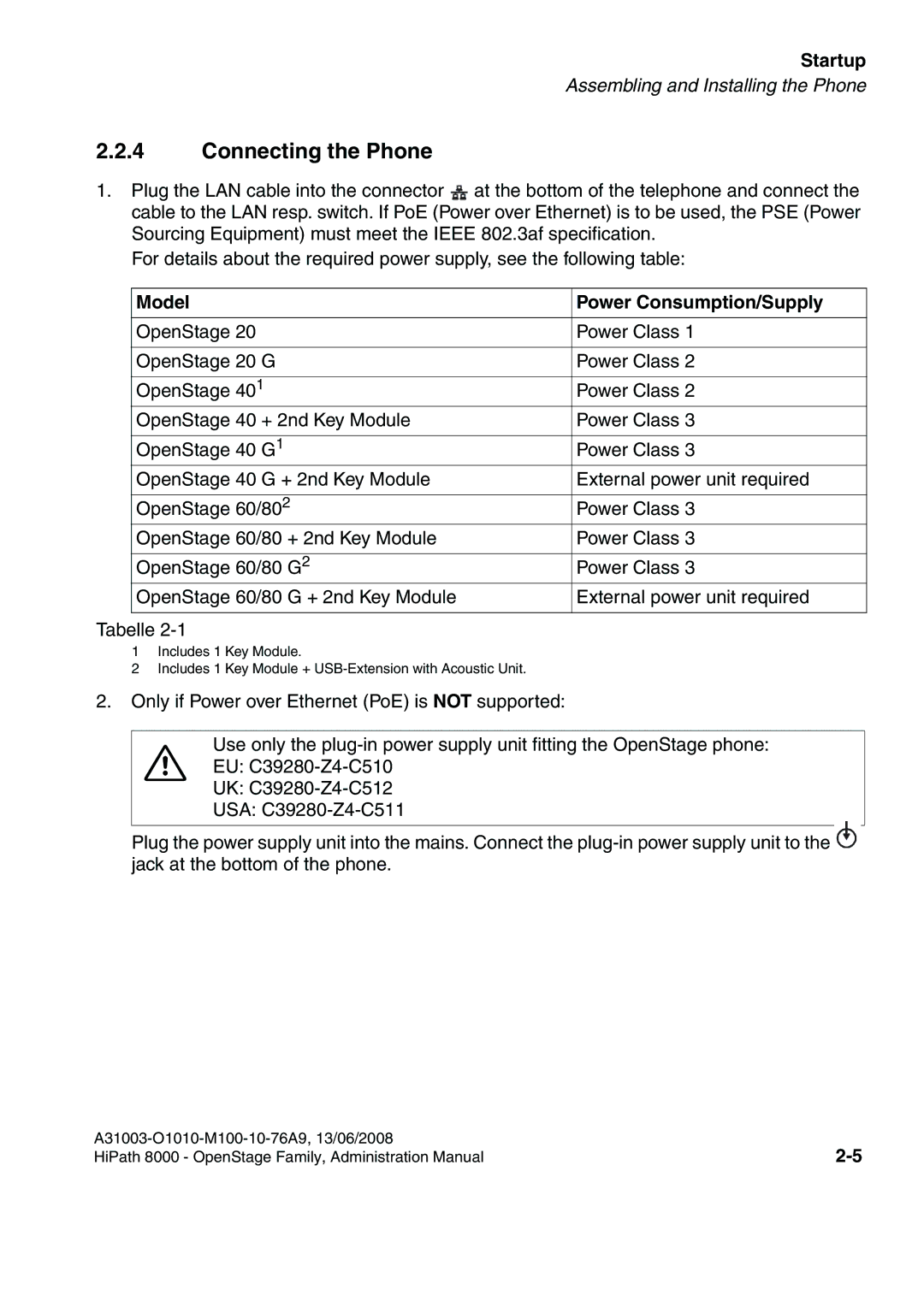 Siemens 8000 manual Connecting the Phone, Model Power Consumption/Supply 