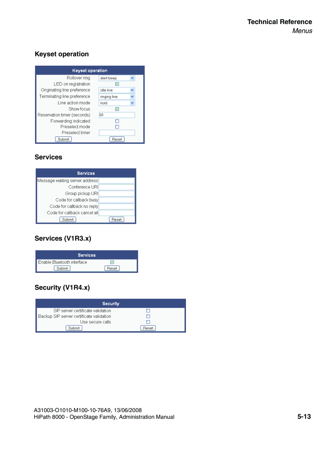 Siemens 8000 manual Keyset operation Services Services V1R3.x Security V1R4.x 