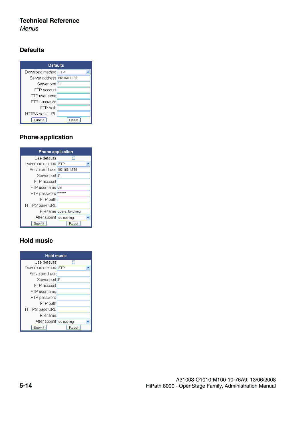 Siemens 8000 manual Defaults Phone application Hold music 