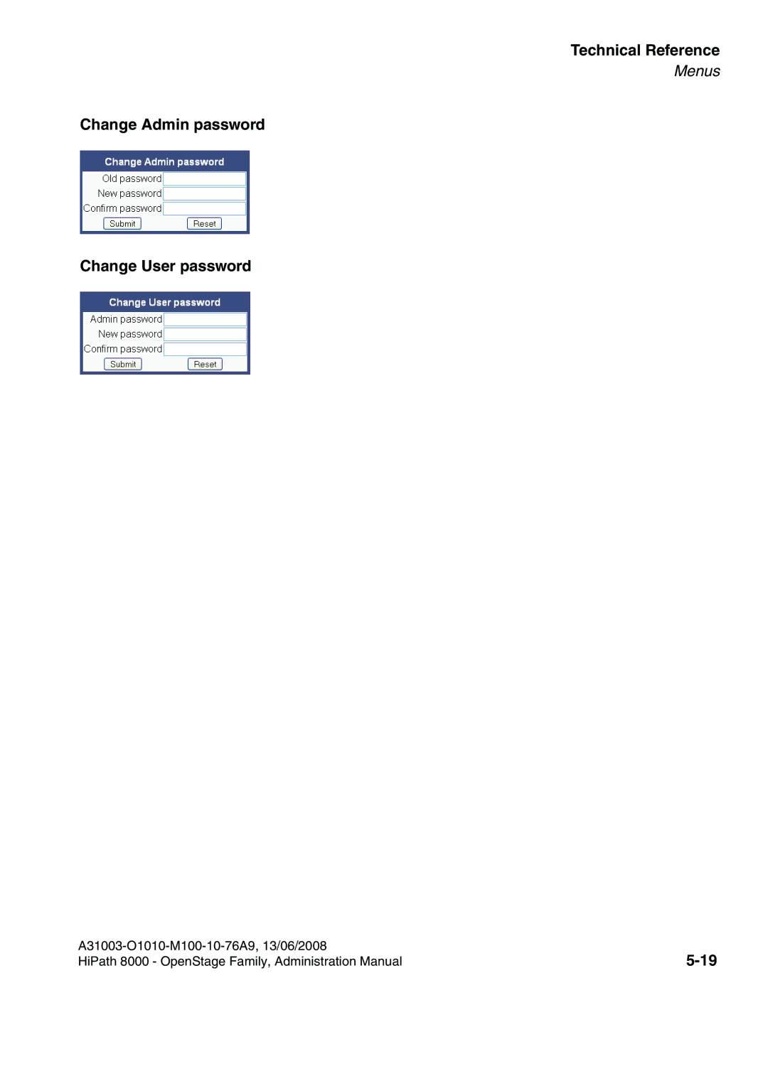 Siemens 8000 manual Change Admin password Change User password 