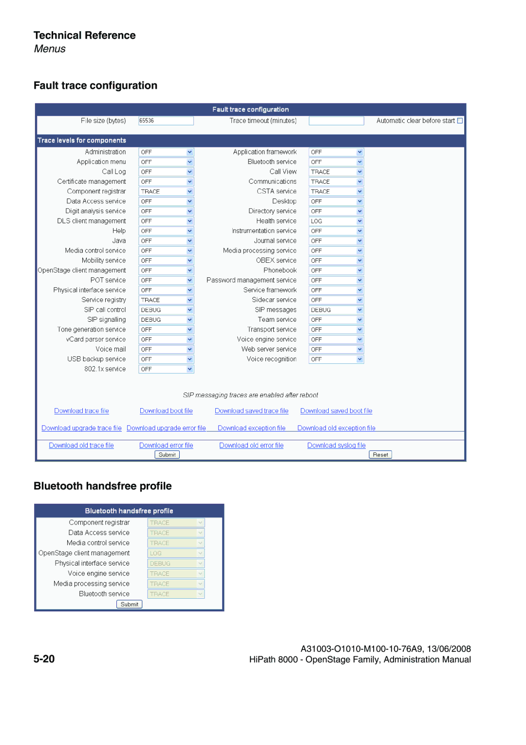 Siemens 8000 manual Fault trace configuration Bluetooth handsfree profile 