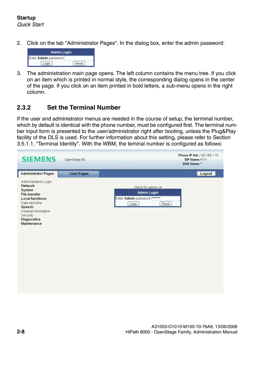 Siemens 8000 manual Set the Terminal Number 