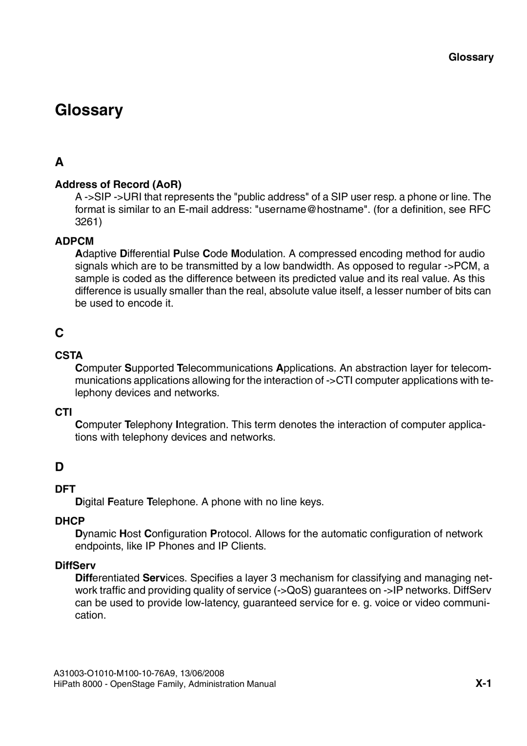 Siemens 8000 manual Glossary, Address of Record AoR, DiffServ 