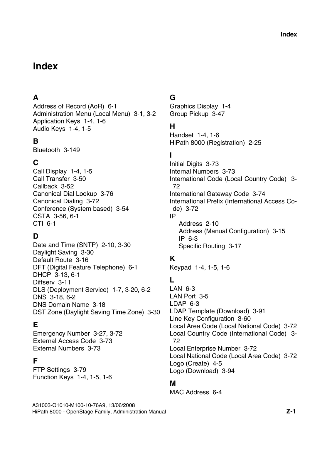 Siemens 8000 manual Index 