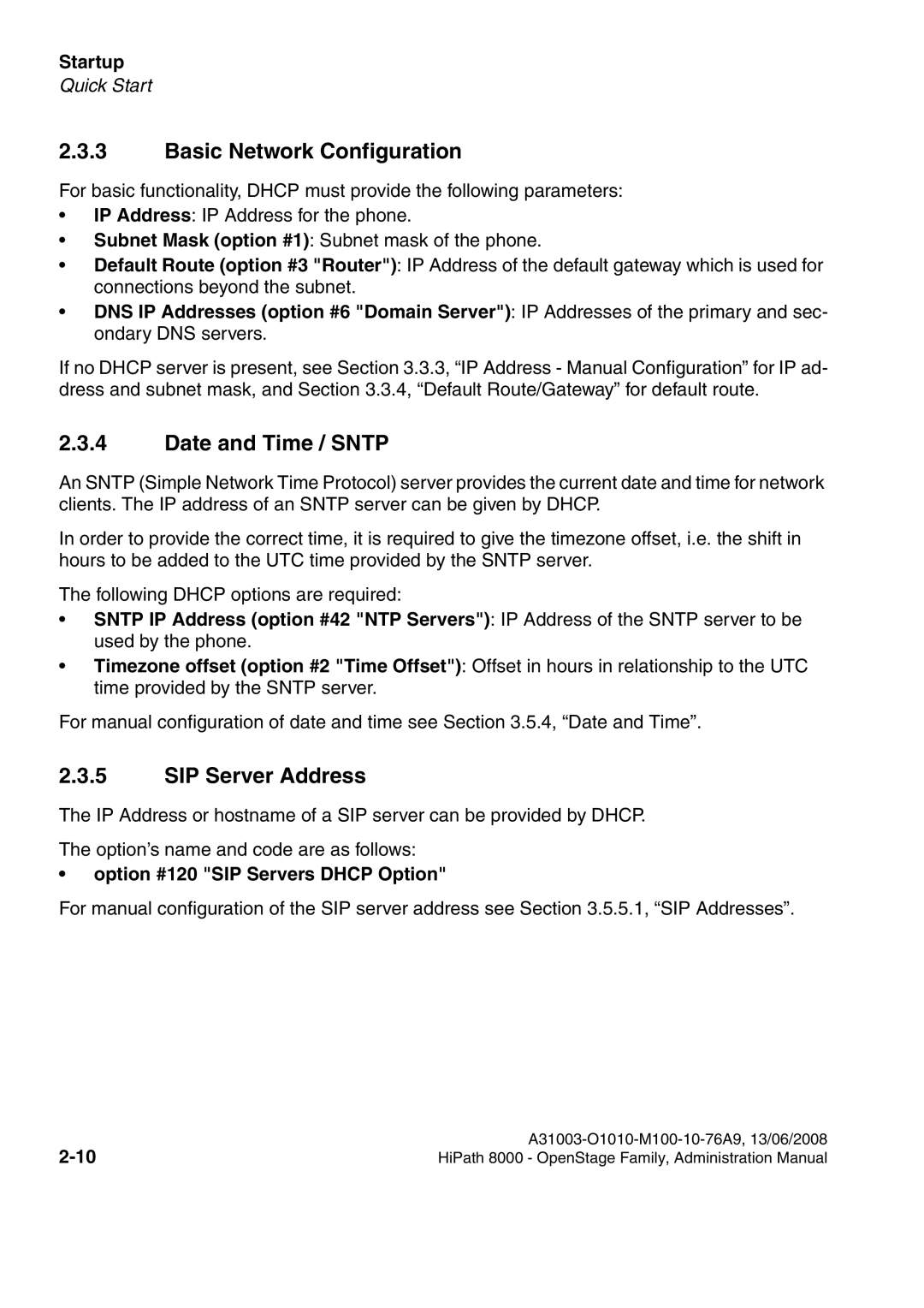 Siemens 8000 Basic Network Configuration, Date and Time / Sntp, SIP Server Address, Option #120 SIP Servers Dhcp Option 