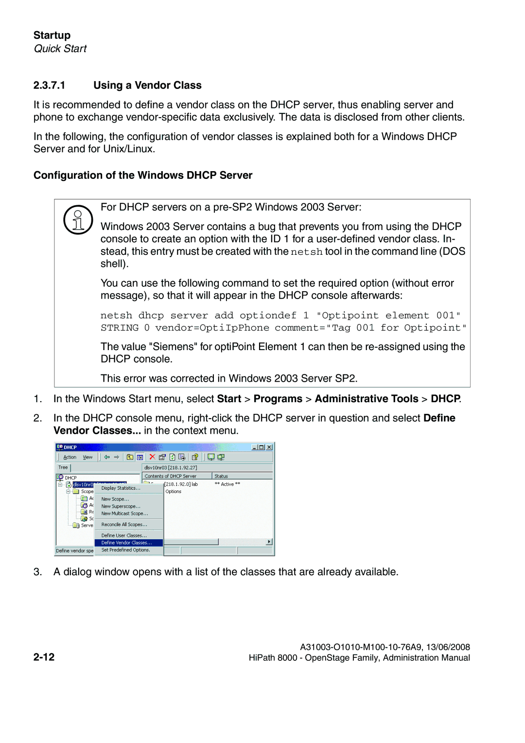 Siemens 8000 manual Using a Vendor Class, Configuration of the Windows Dhcp Server 