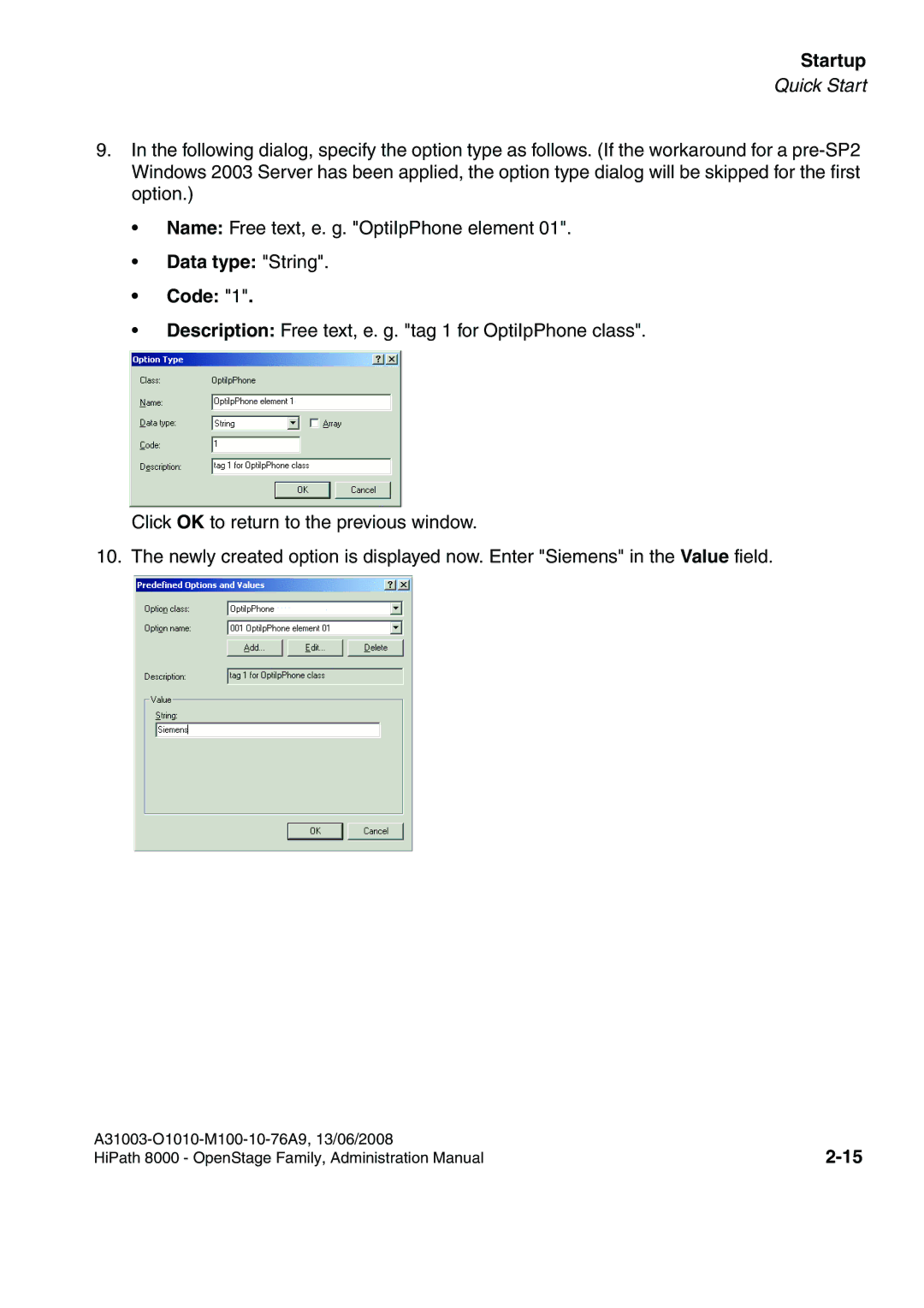 Siemens 8000 manual Data type String Code 