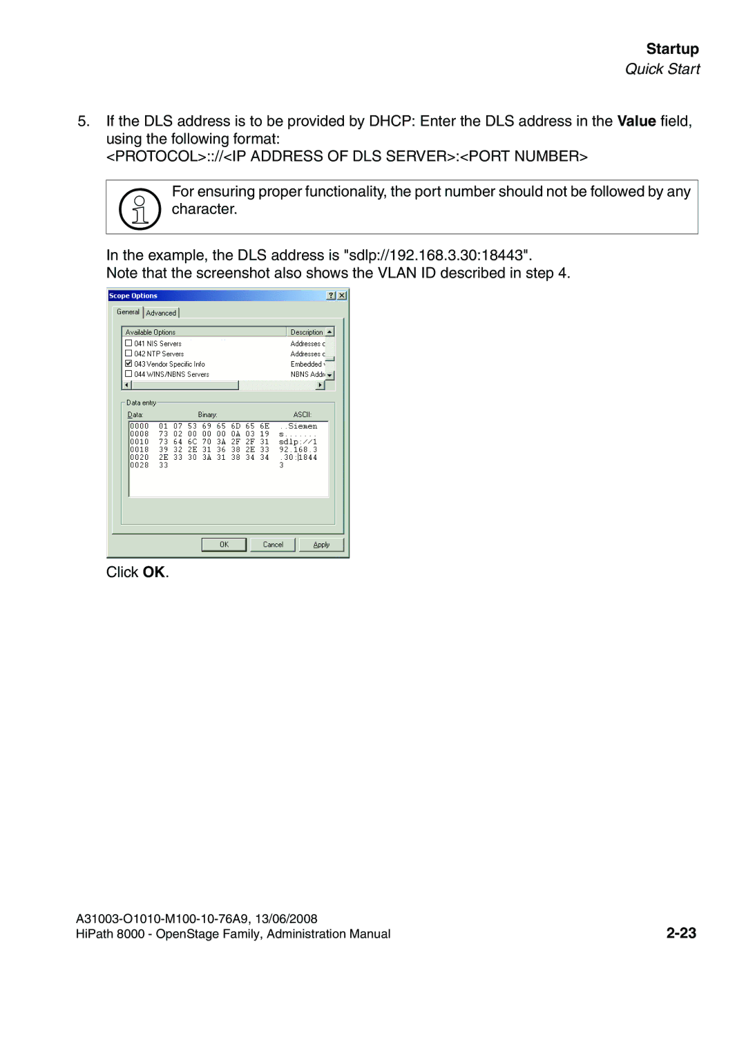 Siemens 8000 manual PROTOCOL//IP Address of DLS Serverport Number 