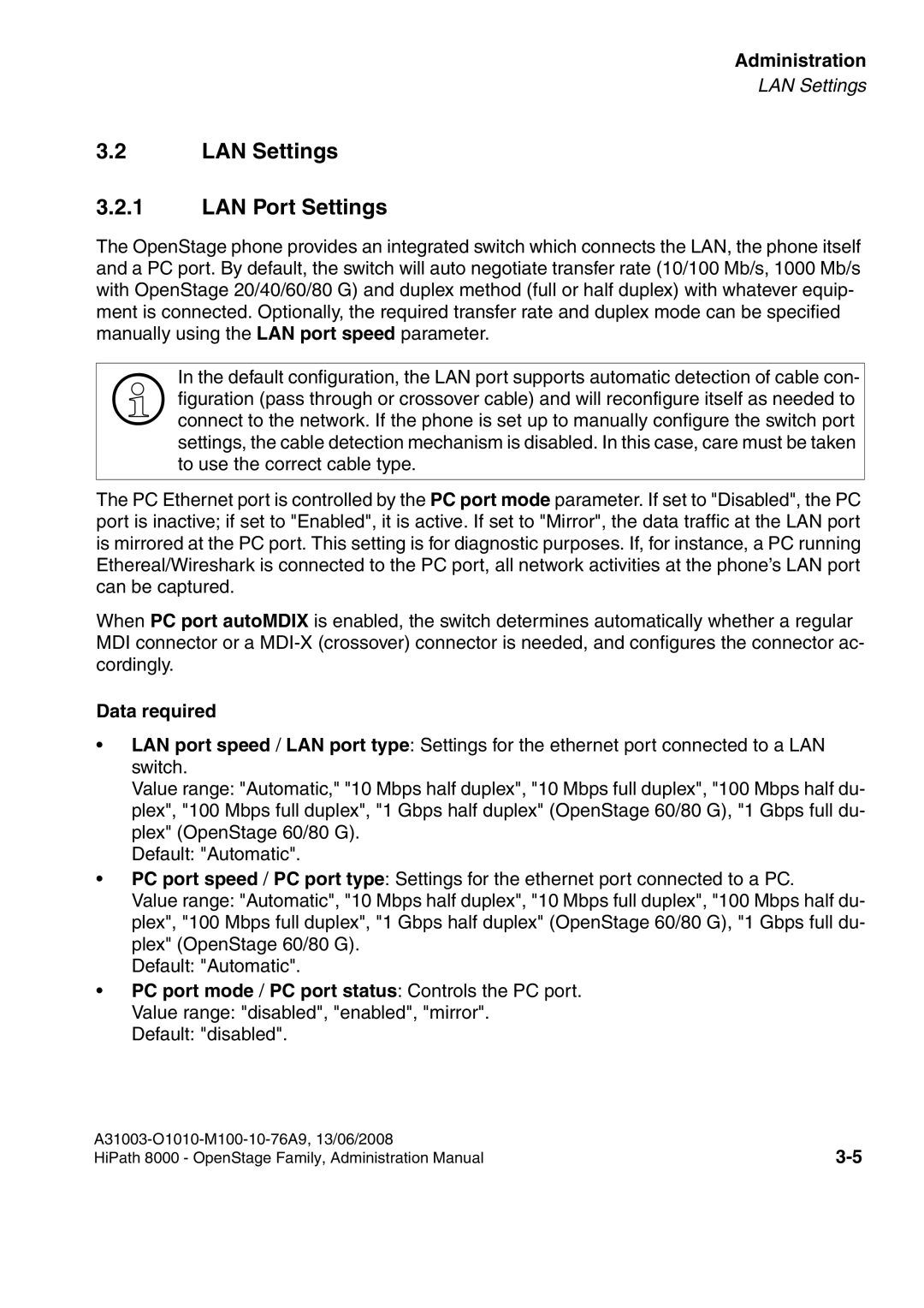 Siemens 8000 manual LAN Settings LAN Port Settings, Data required, PC port mode / PC port status Controls the PC port 