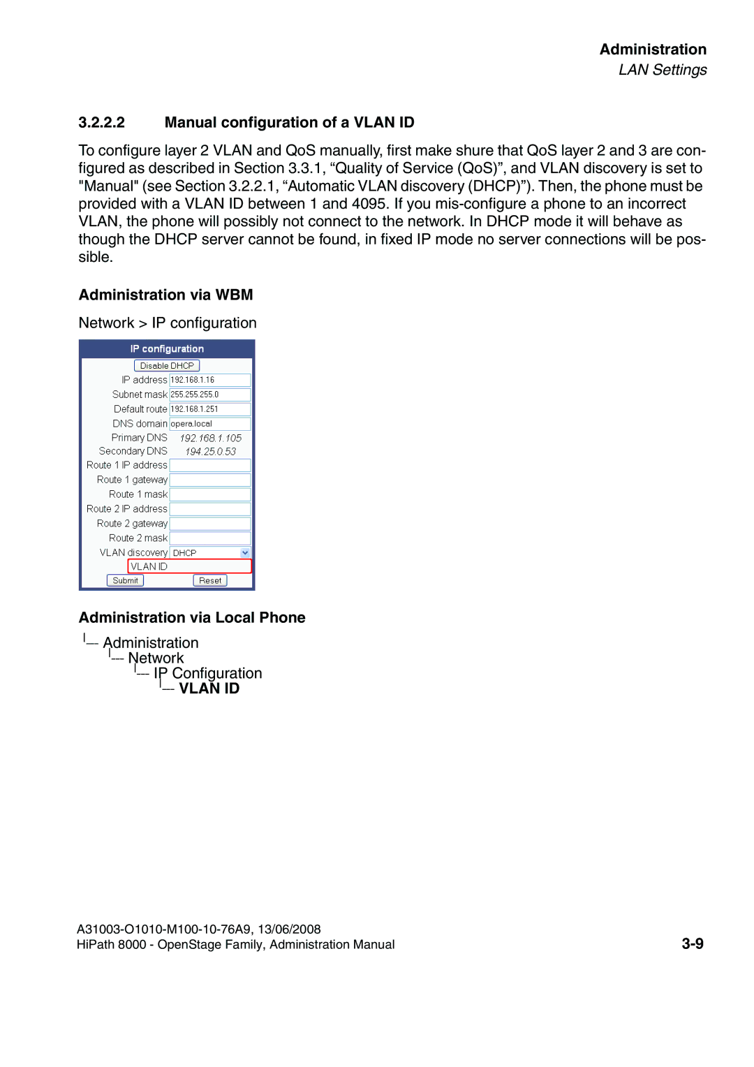 Siemens 8000 manual Manual configuration of a Vlan ID 