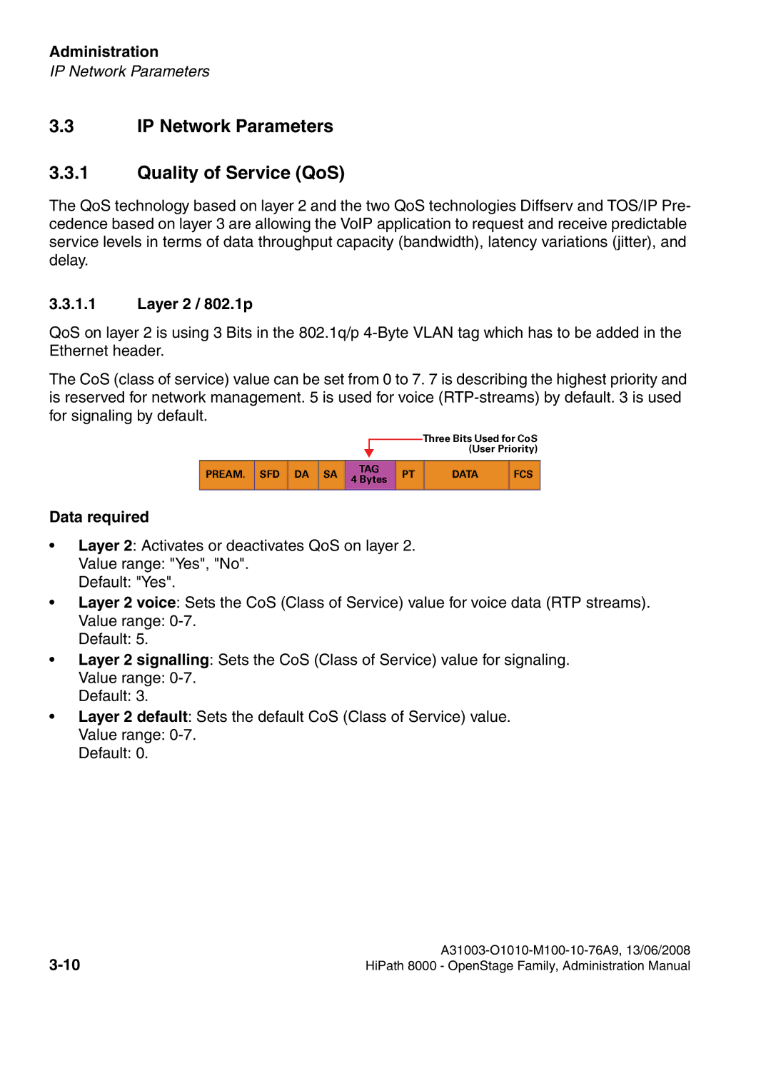 Siemens 8000 manual IP Network Parameters Quality of Service QoS, Layer 2 / 802.1p 