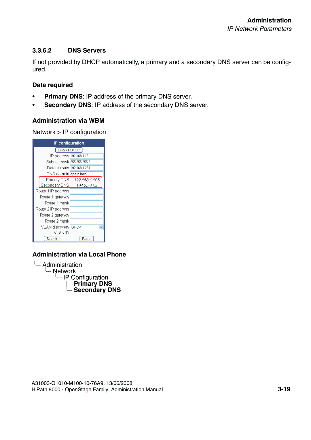 Siemens 8000 manual DNS Servers, Primary DNS Secondary DNS 