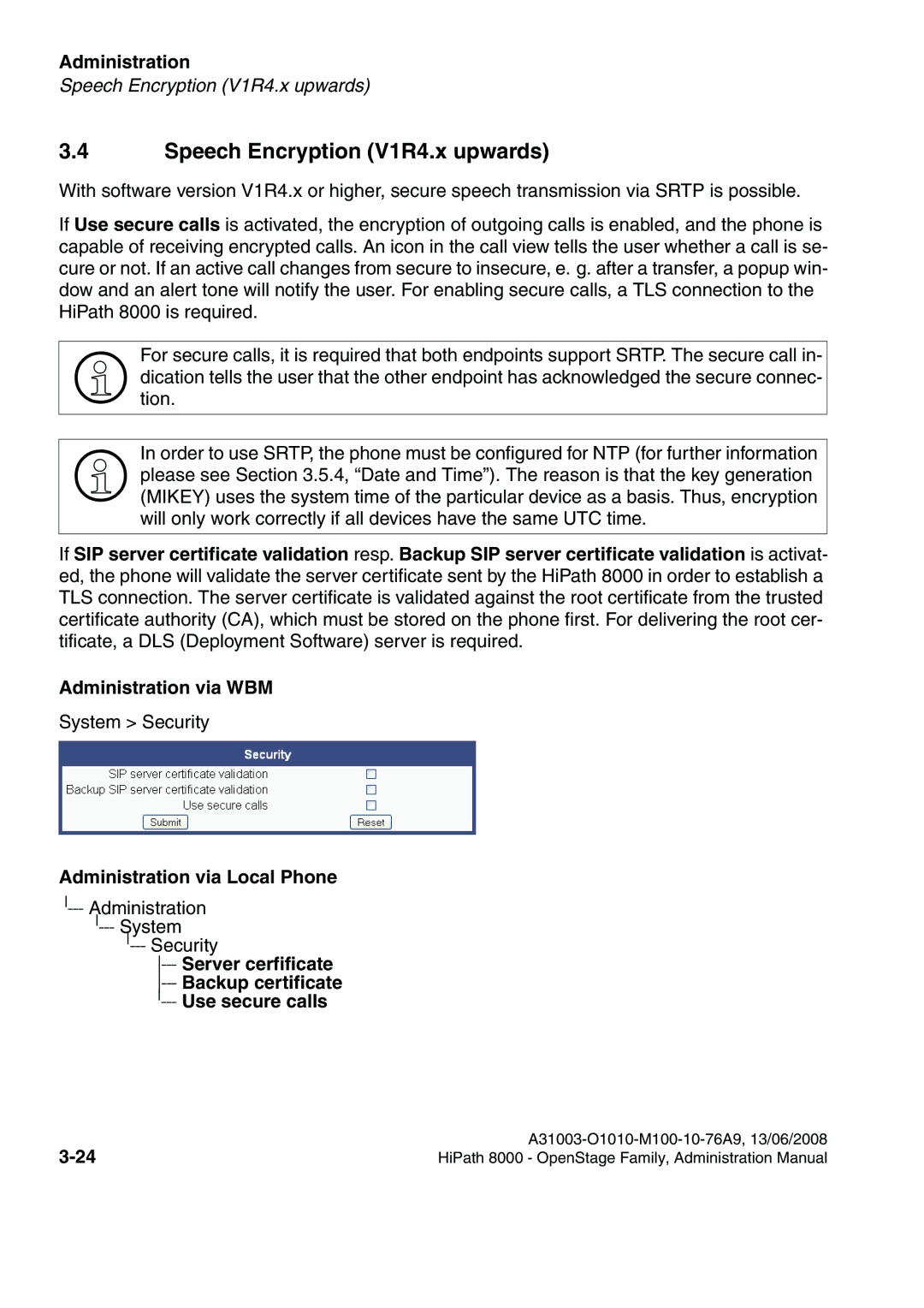 Siemens 8000 manual Speech Encryption V1R4.x upwards, Server cerfificate ---Backup certificate ---Use secure calls 