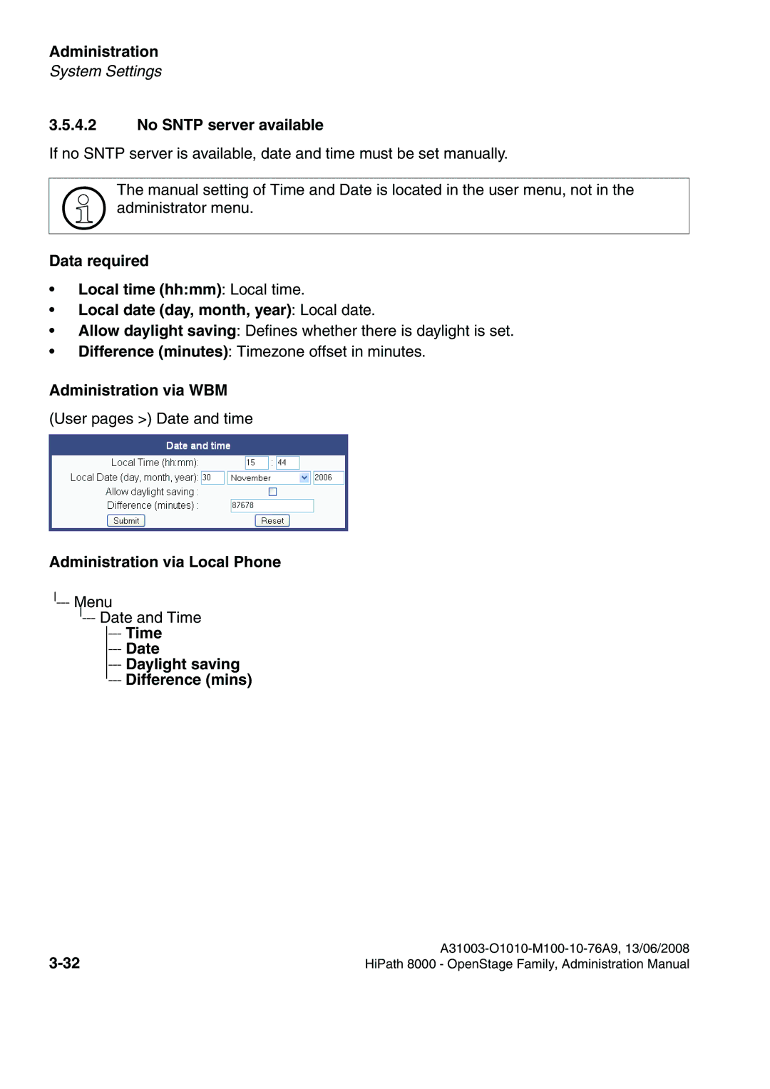 Siemens 8000 manual No Sntp server available, Daylight saving Difference mins 