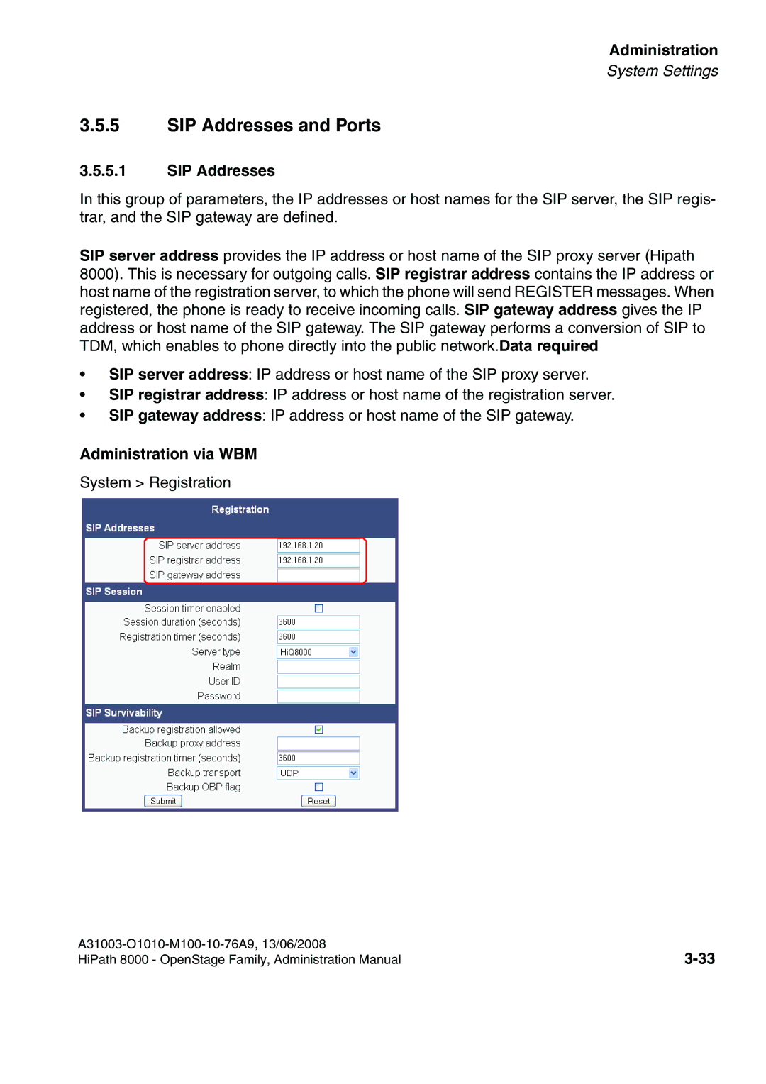 Siemens 8000 manual SIP Addresses and Ports 