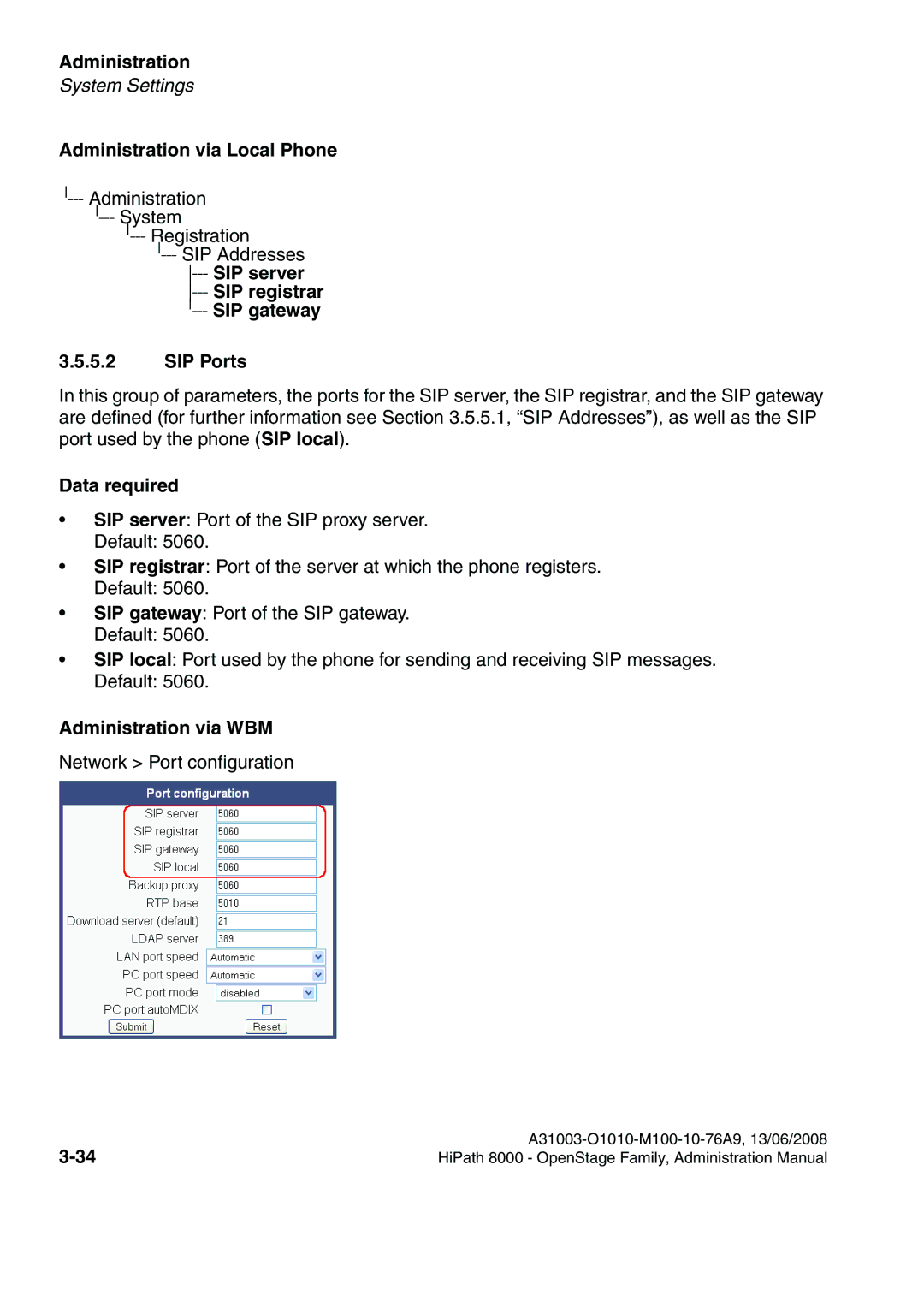 Siemens 8000 manual SIP Ports, Data required 