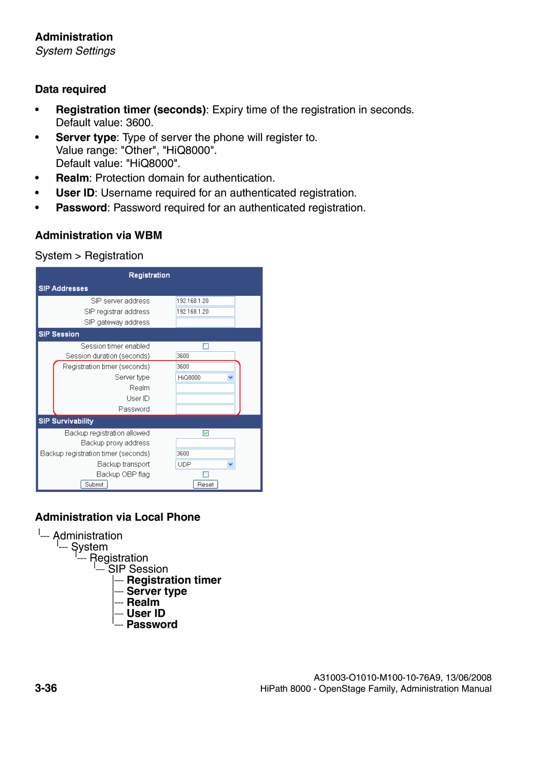 Siemens 8000 manual Registration timer ---Server type, User ID Password 