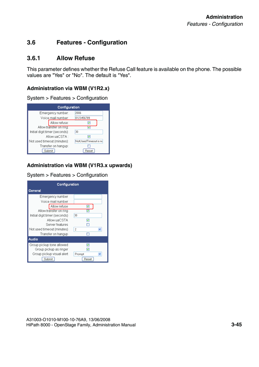 Siemens 8000 manual Features Configuration Allow Refuse, Administration via WBM V1R2.x 