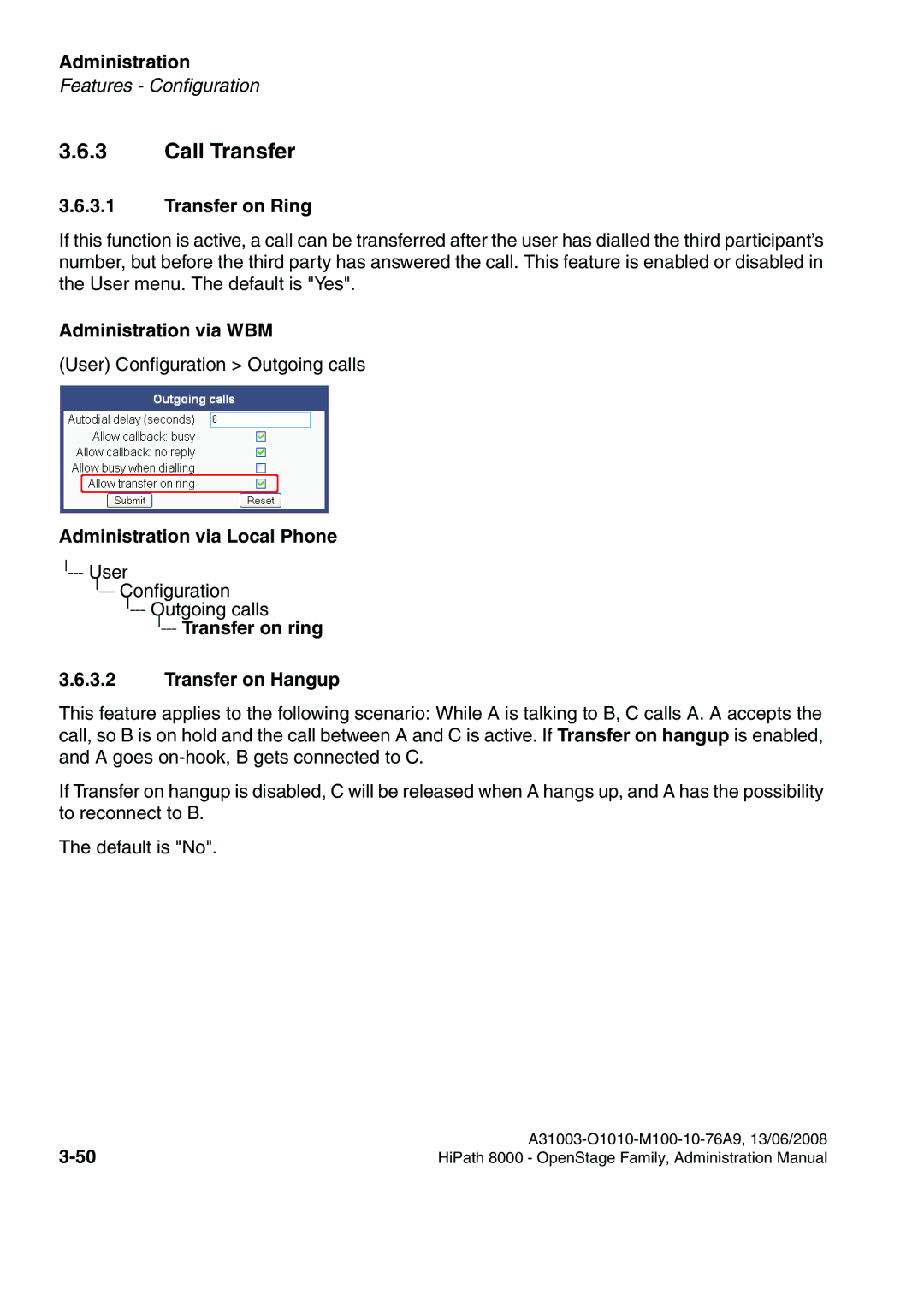 Siemens 8000 manual Call Transfer, Transfer on Ring, Transfer on ring Transfer on Hangup 