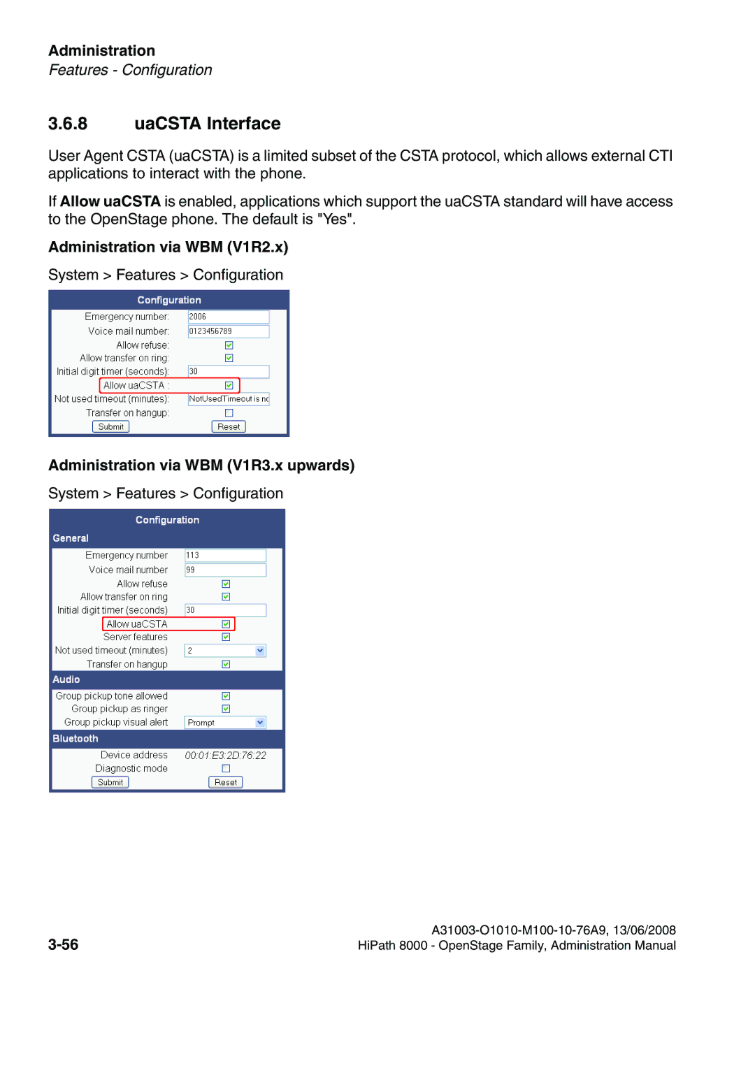 Siemens 8000 manual UaCSTA Interface, Administration via WBM V1R2.x 