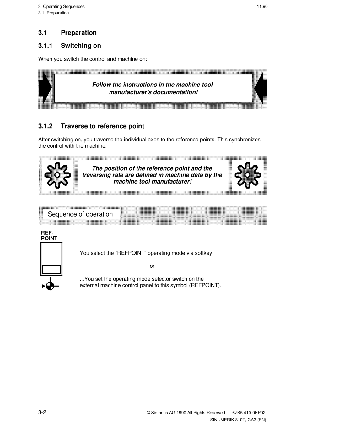 Siemens 810T manual Preparation Switching on, Traverse to reference point, Sequence of operation, Point 