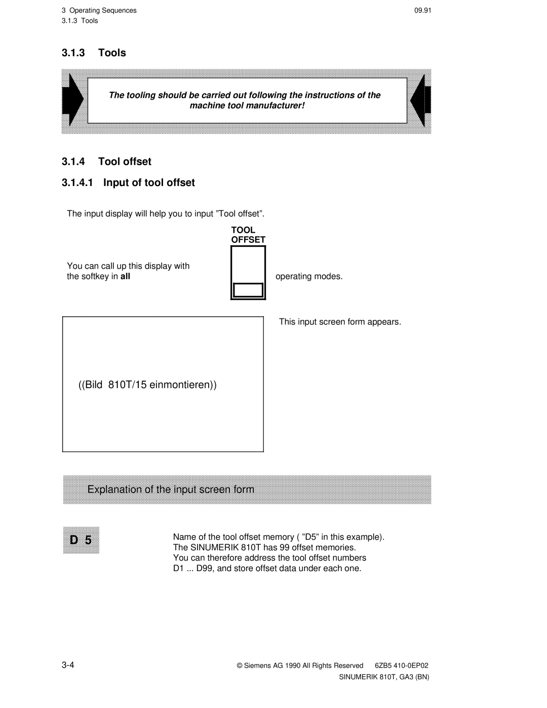 Siemens 810T manual Tools, Tool offset Input of tool offset, Tool Offset 