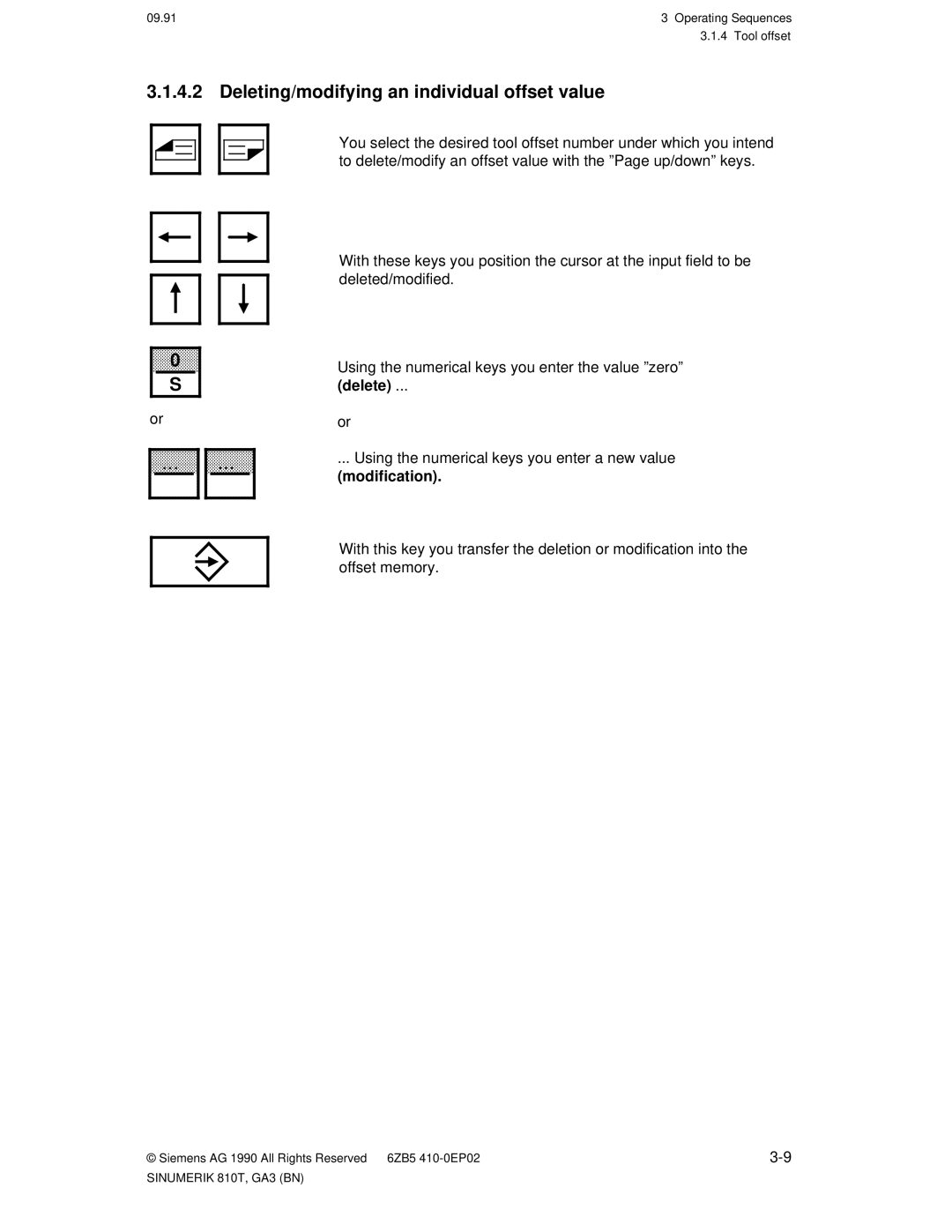 Siemens 810T manual Deleting/modifying an individual offset value, Delete, Using the numerical keys you enter a new value 