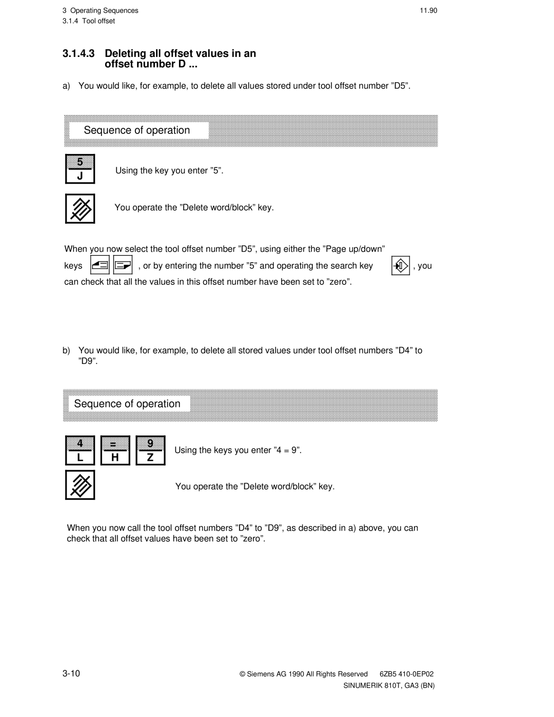 Siemens 810T manual Deleting all offset values in an offset number D, Sequence of operation 