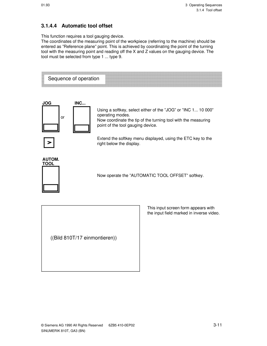 Siemens manual Automatic tool offset, Bild 810T/17 einmontieren, Joginc Autom Tool 