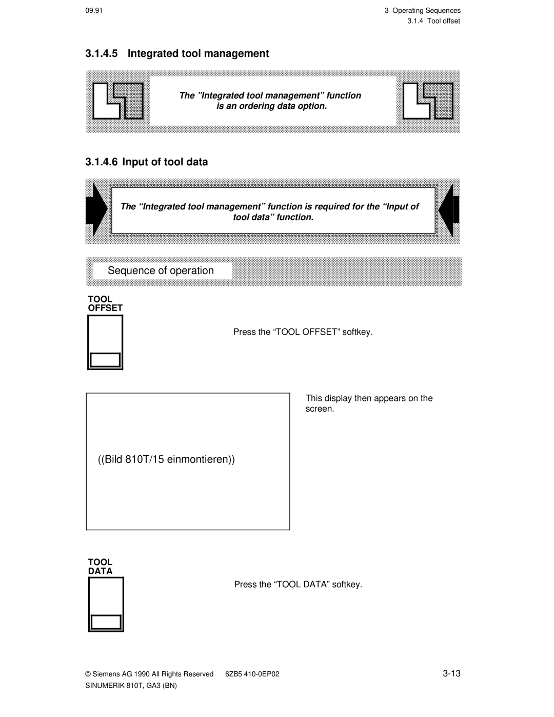 Siemens manual Integrated tool, Input of tool data, Bild 810T/15 einmontieren, Tool Data, Press the ªTOOL DATAº softkey 