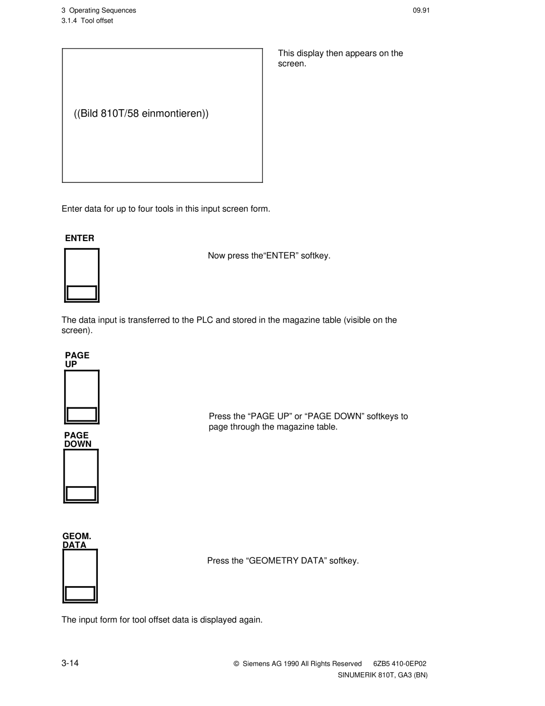 Siemens manual Bild 810T/58 einmontieren, Enter, Down Geom Data 