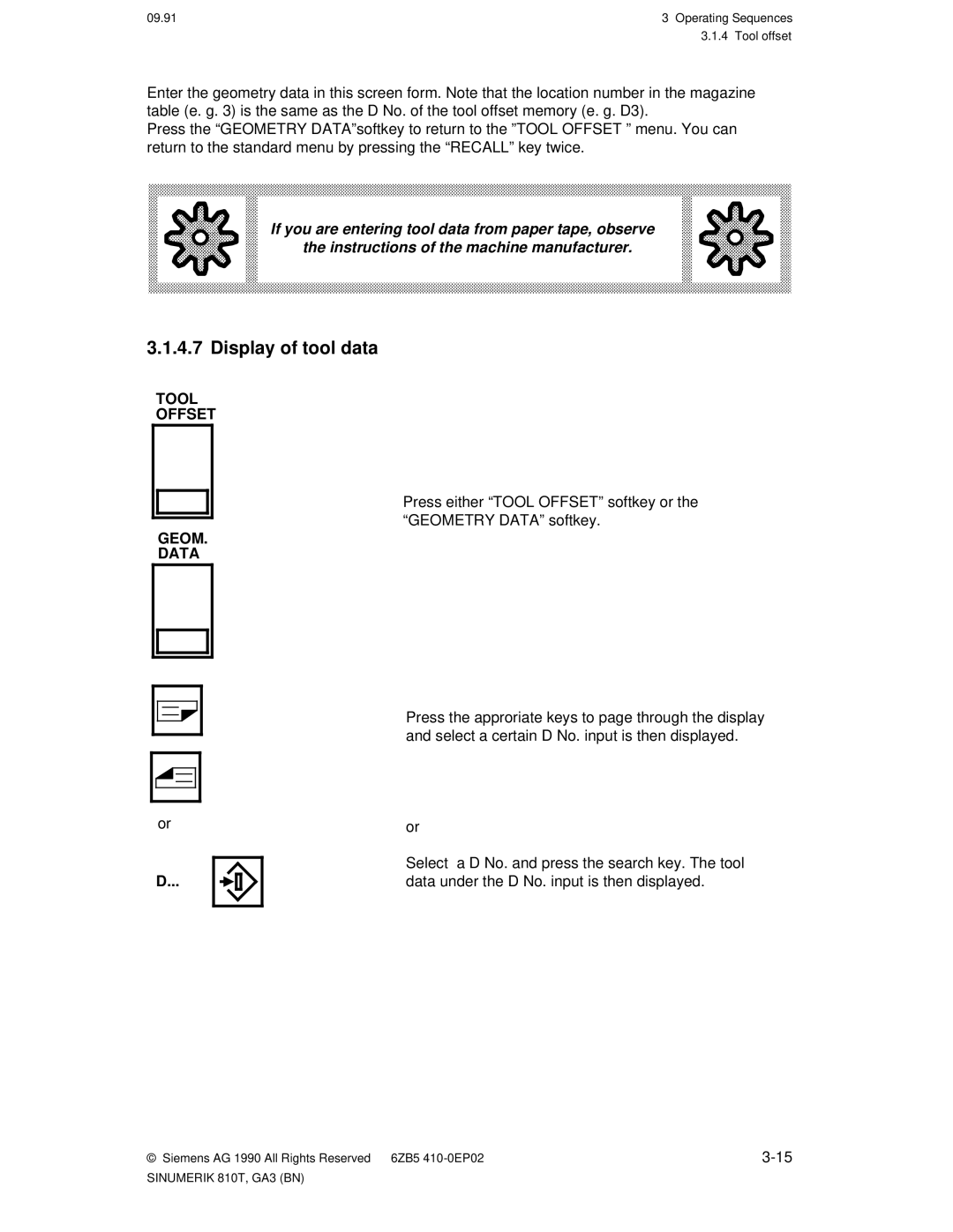 Siemens 810T manual Display of tool data, Tool Offset Geom Data 