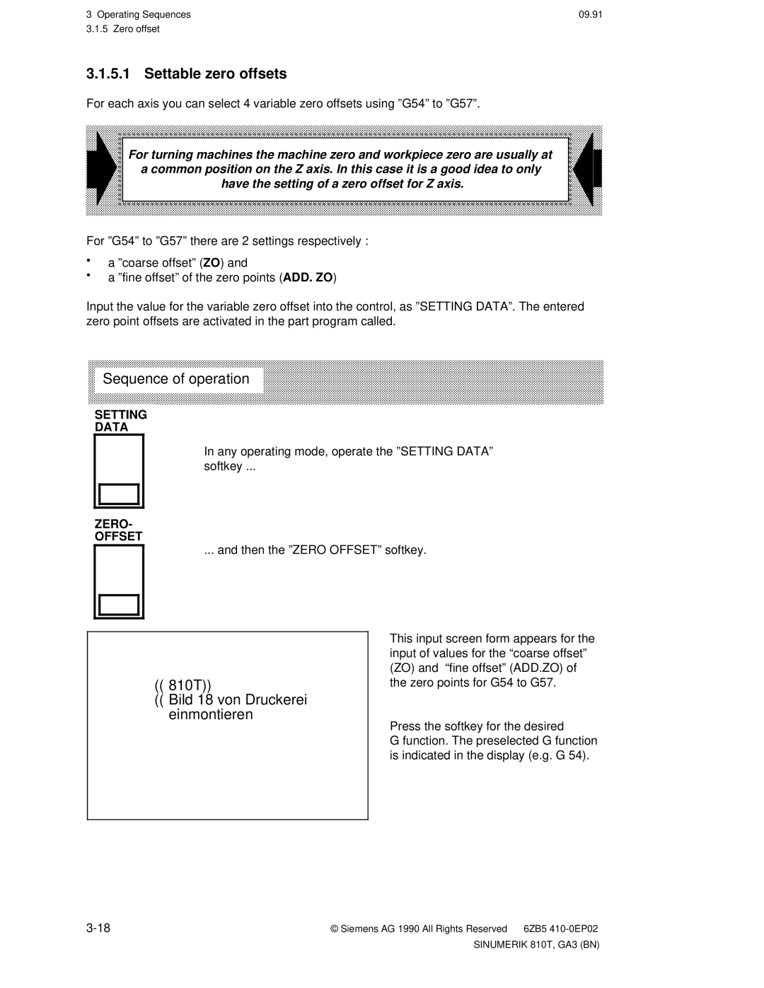 Siemens Settable zero offsets, 810T Bild 18 von Druckerei einmontieren, Zero Offset, Then the ºZERO OFFSETº softkey 