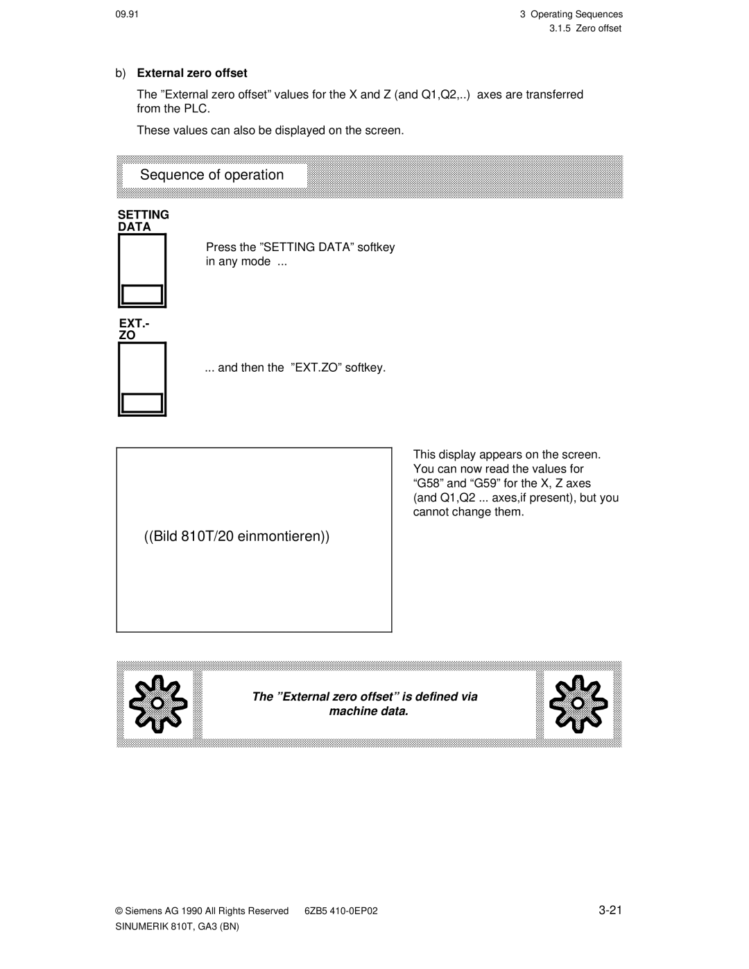 Siemens manual Bild 810T/20 einmontieren, External zero offset, Press the ºSETTING DATAº softkey Any mode 