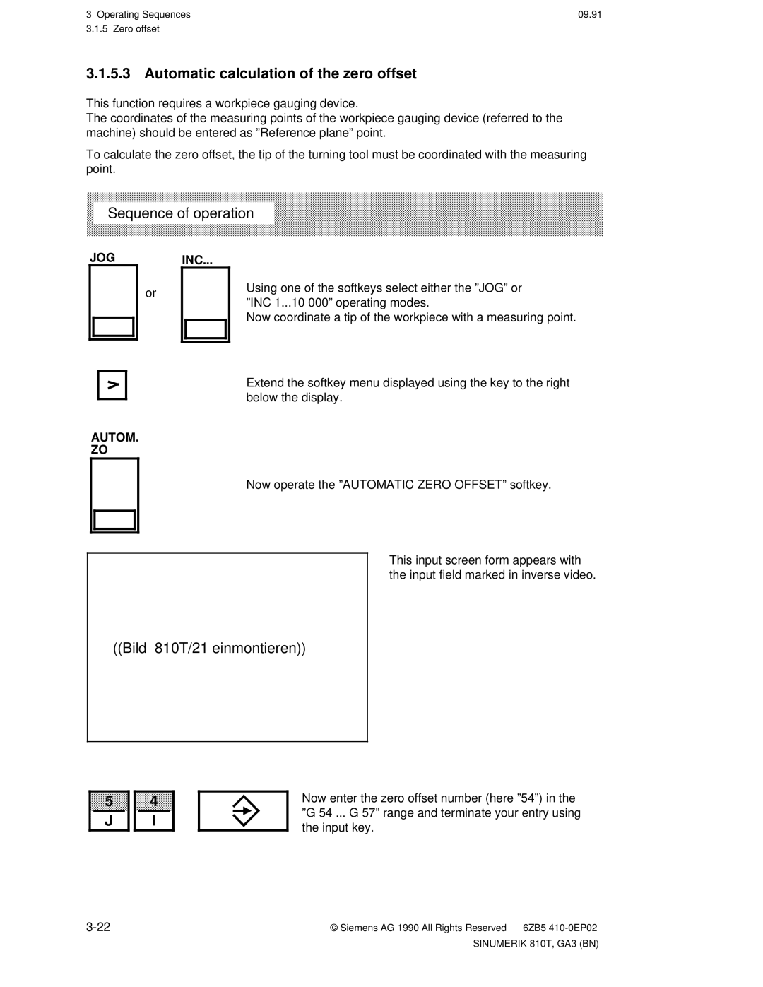 Siemens manual Automatic calculation of the zero offset, Bild 810T/21 einmontieren, Inc 