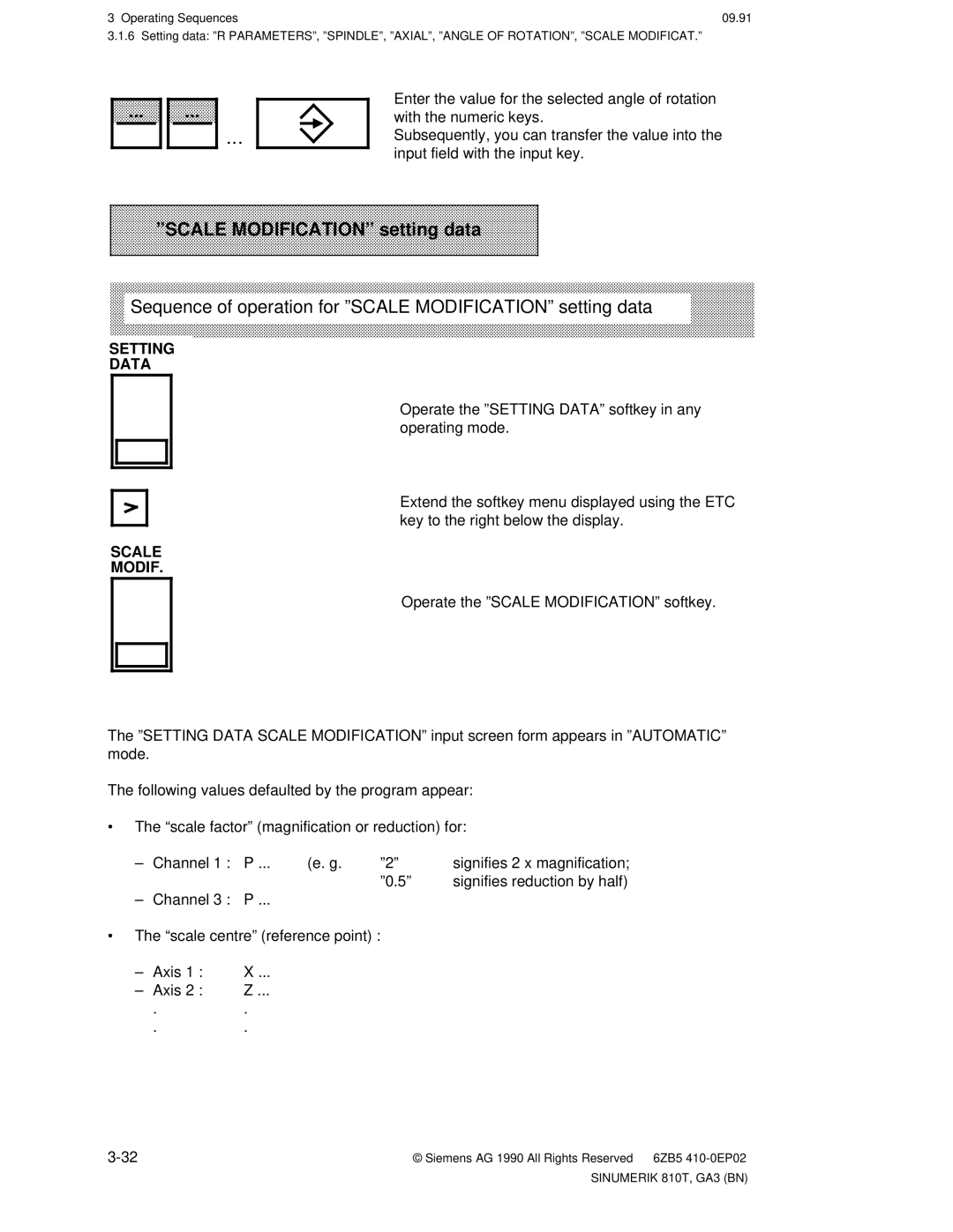 Siemens 810T manual Sequence of operation for ºSCALE MODIFICATIONº setting data, Scale Modif 