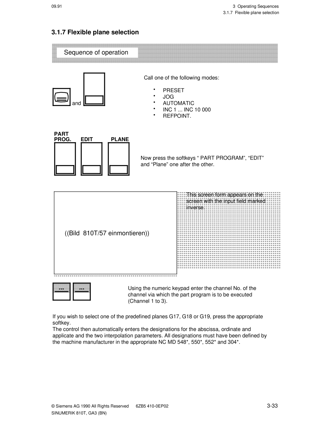 Siemens manual Flexible plane selection, Bild 810T/57 einmontieren, Part PROG. Edit, Plane 