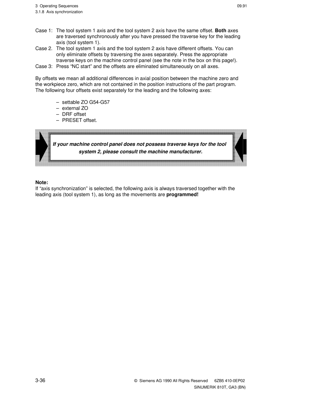 Siemens 810T manual Operating Sequences 09.91 Axis synchronization 